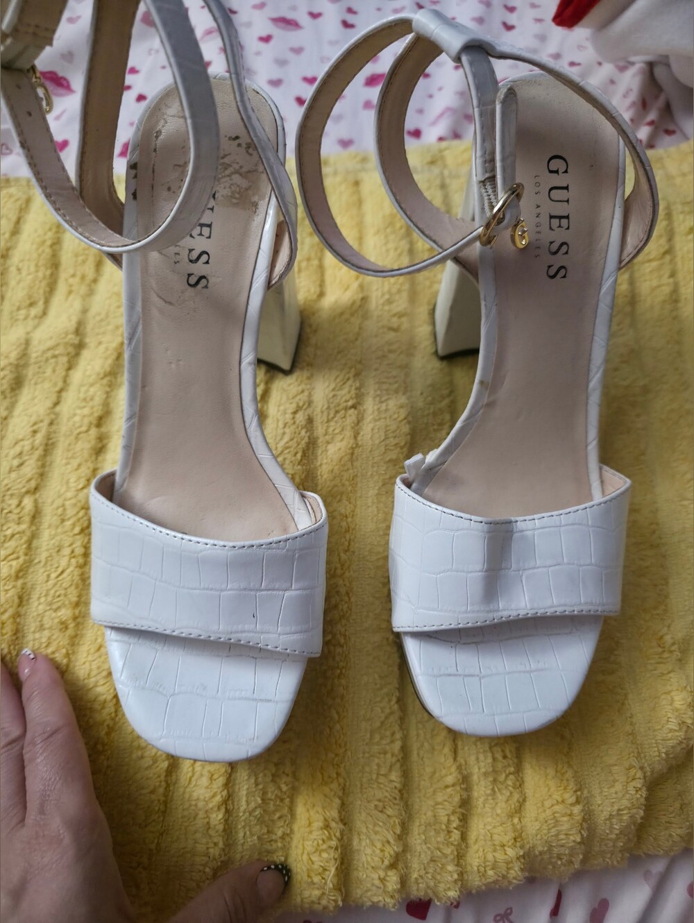 GUESS White Croc-Embossed Ankle Strap Block Heels